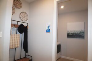 A modern hallway with a coat rack on the left, decorative round wall baskets, and a framed landscape painting on the right, constructed by Texas builders.