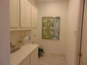 A small, modern laundry room featuring white cabinets, a built-in desk designed by Texas builders, a green abstract painting on the wall, and a potted plant on the floor.