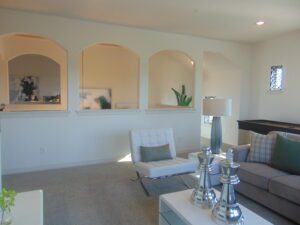 A modern living room featuring arched alcoves, minimalist furniture including a white chair and gray sofa, designed by Texas builders, and decorative plants in a bright, airy space.