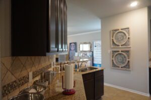 A kitchen interior with dark cabinets, a blurred television reflection with a woman's face, and decorative plates on the wall designed by Texas builders.