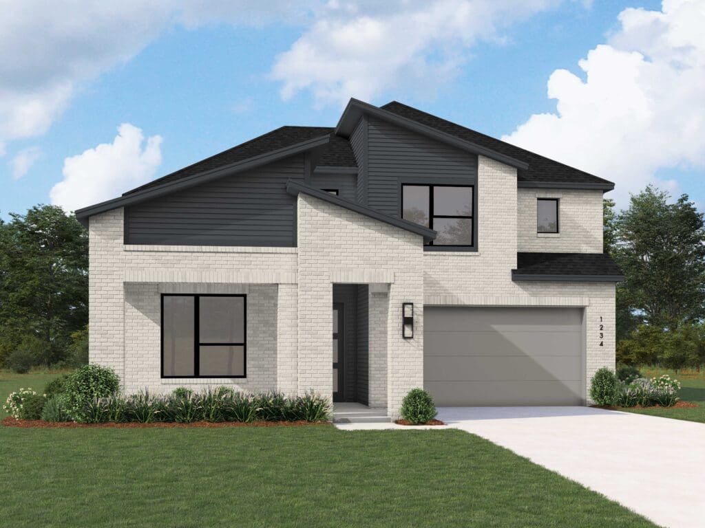Modern two-story house with garage entrance.
